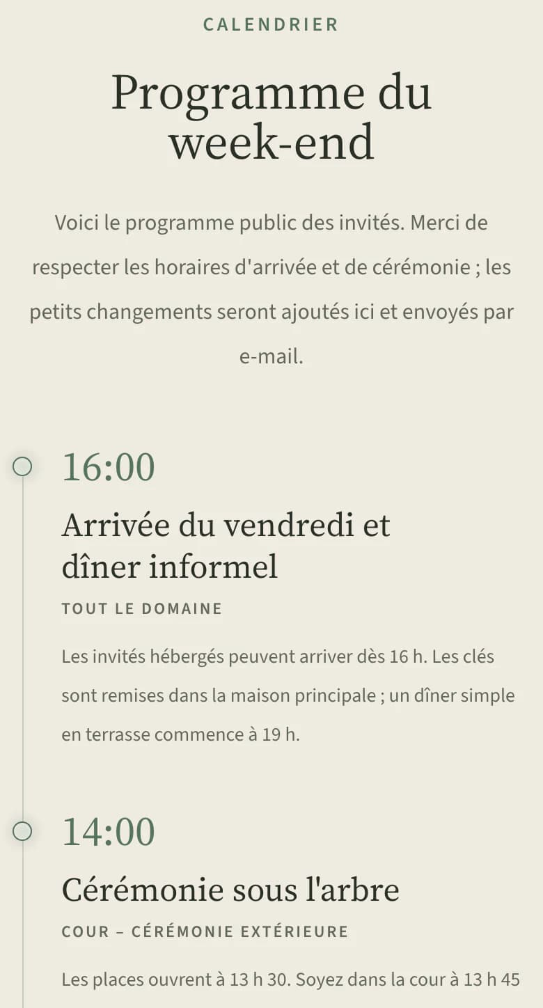 Programme du site de mariage sur téléphone : arrivée le vendredi à 16 h et cérémonie sous le frêne à 14 h