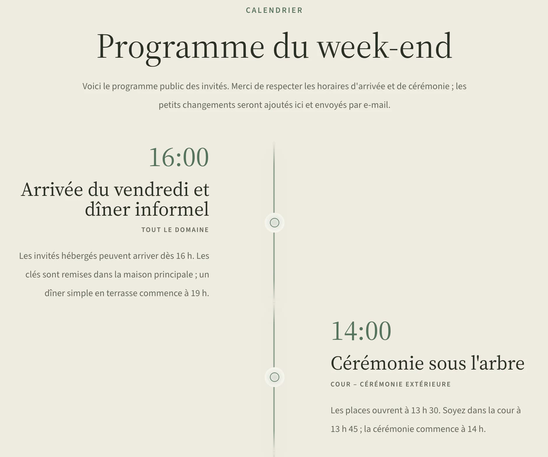 Programme du site de mariage : arrivée le vendredi à 16 h et cérémonie sous le frêne à 14 h, reprises du planning