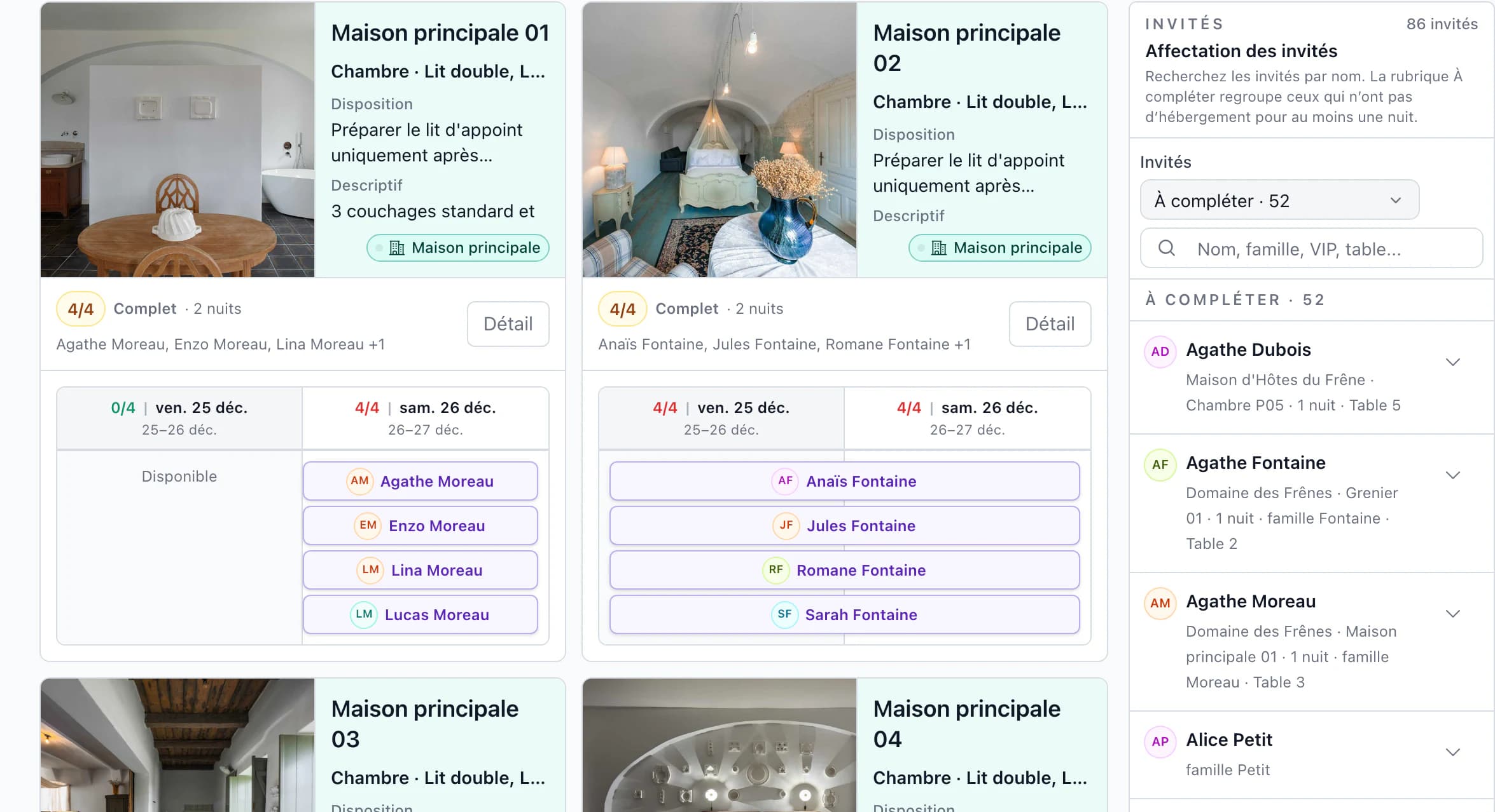 Répartition des chambres par nuit et attribution des invités avec leur numéro de table
