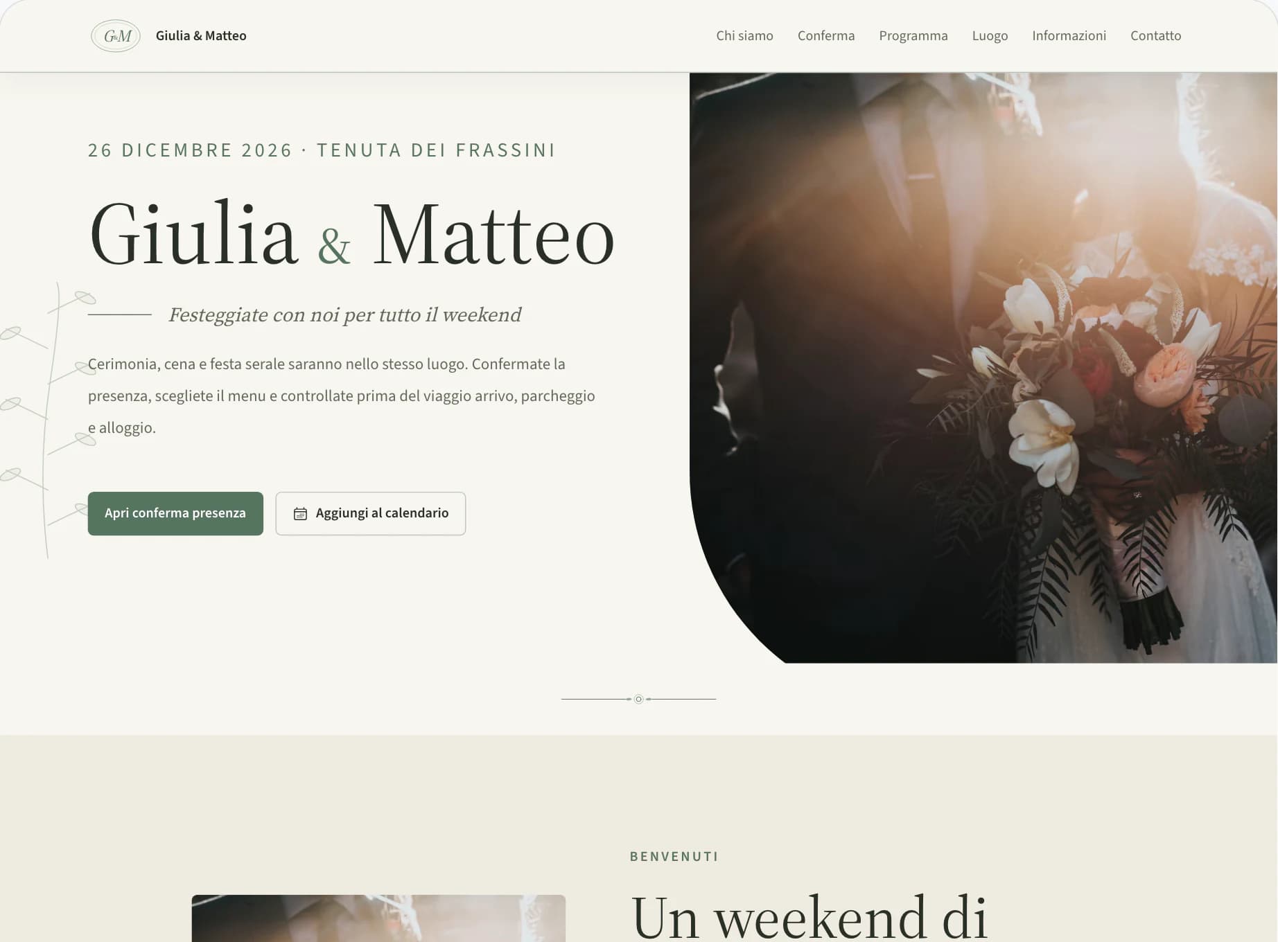 Editor del sito per gli ospiti con anteprima della pagina iniziale del matrimonio di Giulia & Matteo