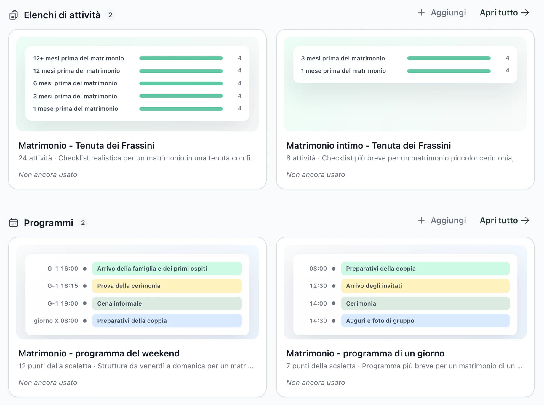 Modelli nell'app: liste delle attività per mese, fino al matrimonio, e scalette con anteprima