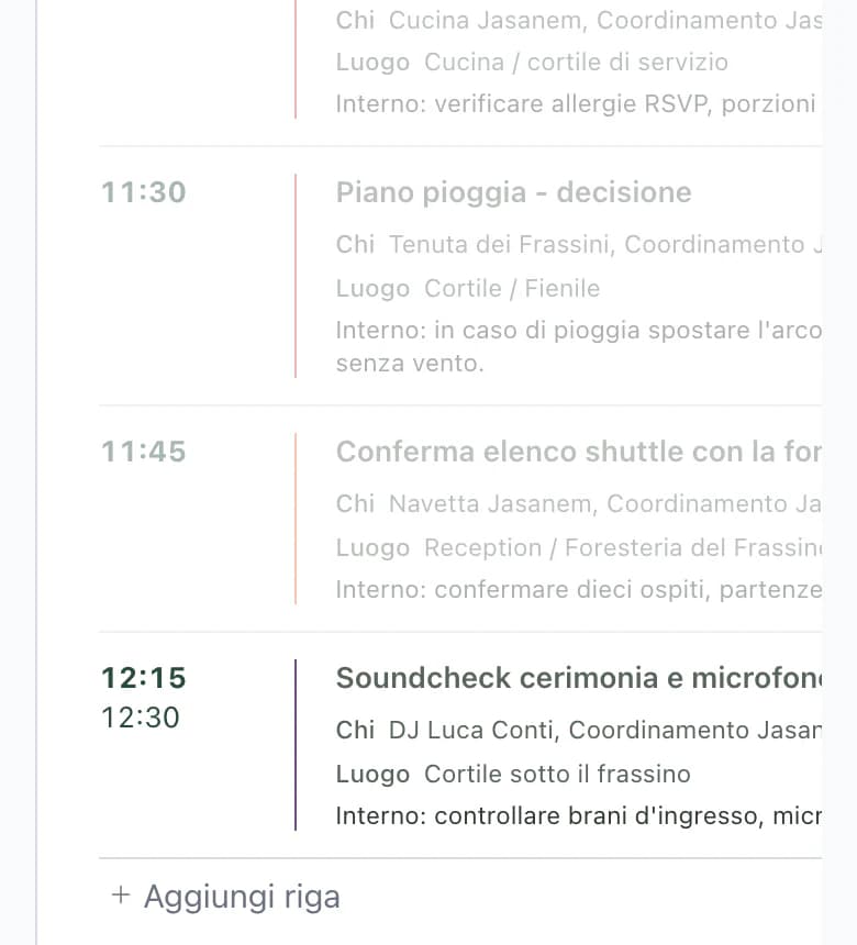 Scaletta del DJ sul telefono, con voci grigie senza DJ e soundcheck alle 12:15 con DJ Luca Conti