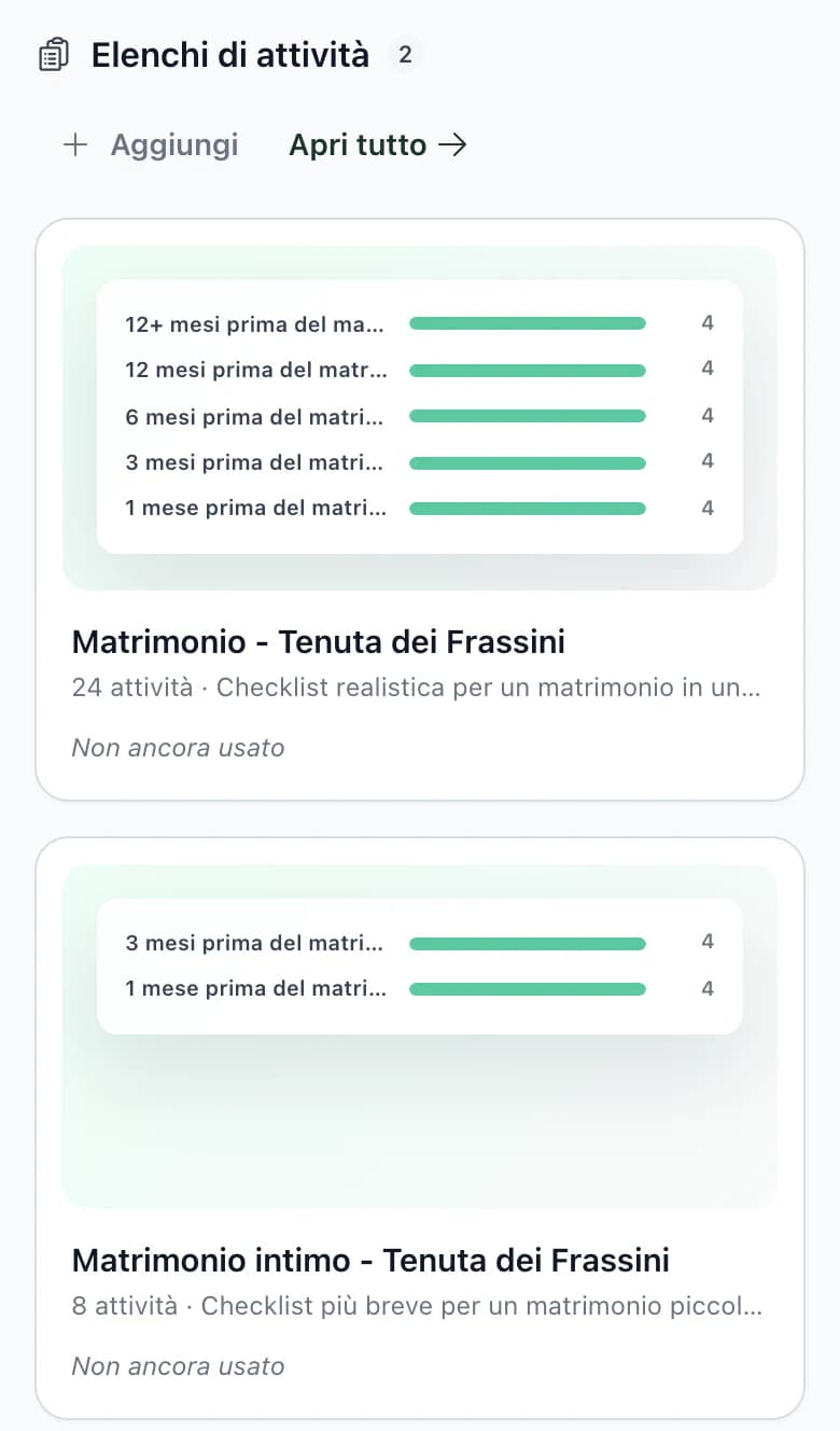 Modelli sul telefono: liste delle attività con anteprima per mese, fino al matrimonio