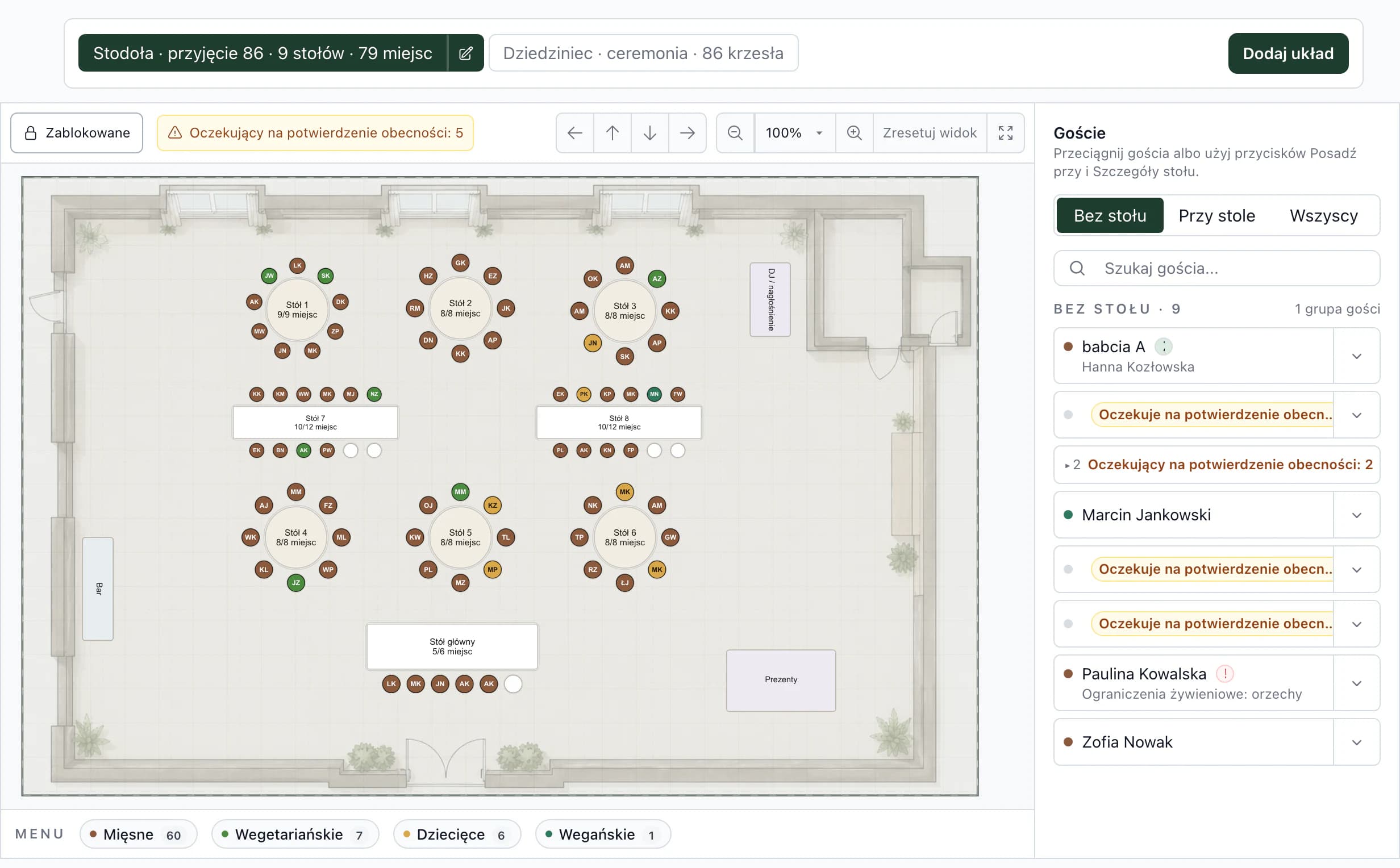 Plan stołów ślubu: plan stodoły ze stołami, lista gości bez stołu i podsumowanie menu