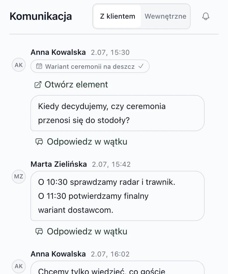 Komunikacja na telefonie: przełącznik Z klientem i Wewnętrzny oraz pytanie Anny Kowalskiej przy pozycji Plan ceremonii na deszcz