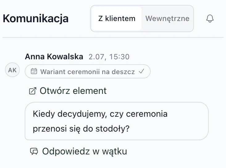 Wiadomość klientki Anny Kowalskiej przy punkcie Plan ceremonii na deszcz: kiedy zapadnie decyzja o przeniesieniu ceremonii do stodoły