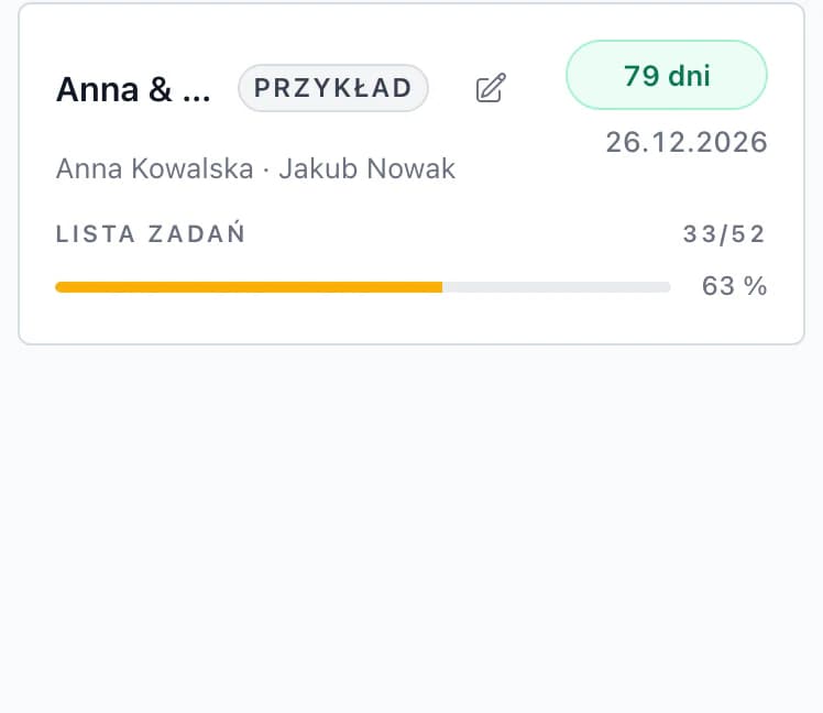 Przegląd ślubów na telefonie: Anna & Jakub za 81 dni, 33 z 52 zadań i Tereza & Matěj za 102 dni