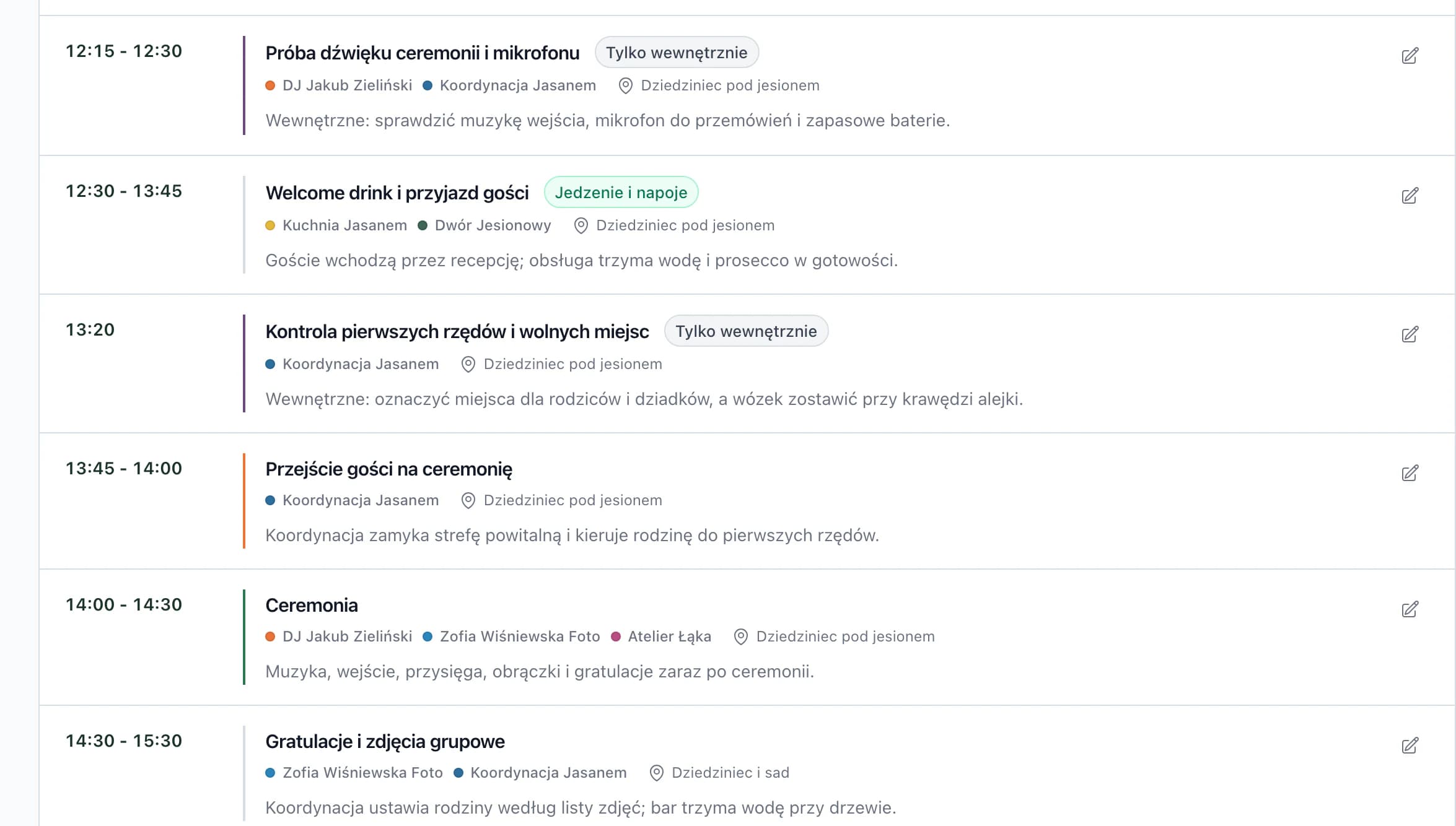 Harmonogram dnia ślubu: próba dźwięku o 12:15, przejście gości o 13:45, ceremonia o 14:00 i życzenia z podwykonawcami przy każdym punkcie