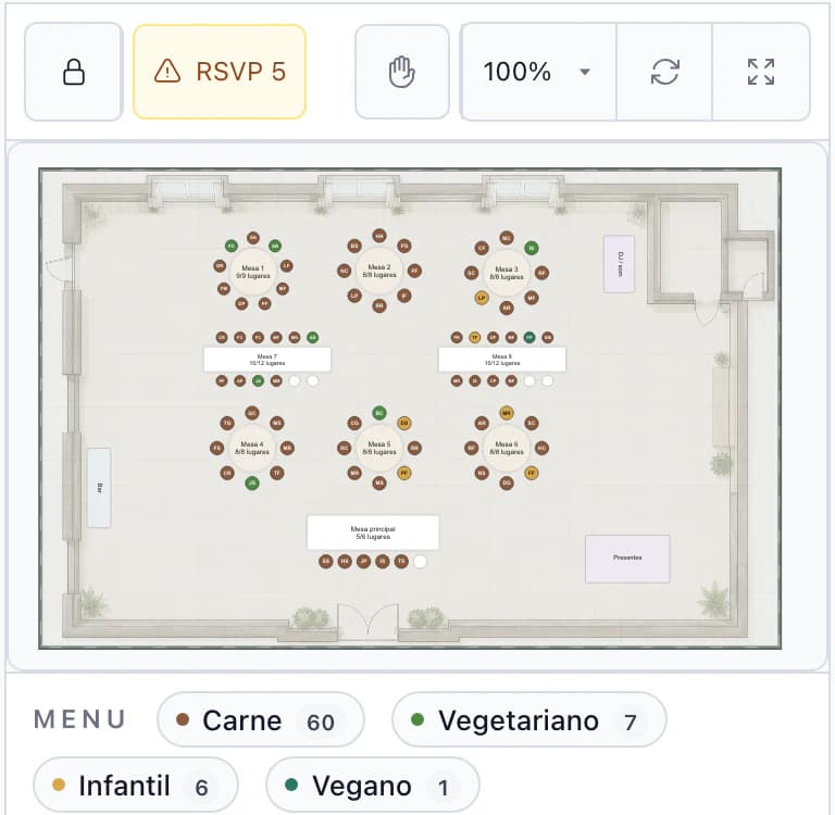 Plano de mesas no telemóvel: planta do celeiro e resumo dos menus