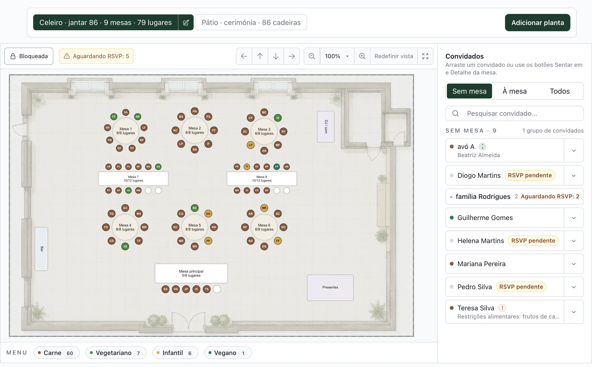 Plano de mesas do casamento: planta do celeiro com mesas, lista de convidados sem mesa e resumo dos menus
