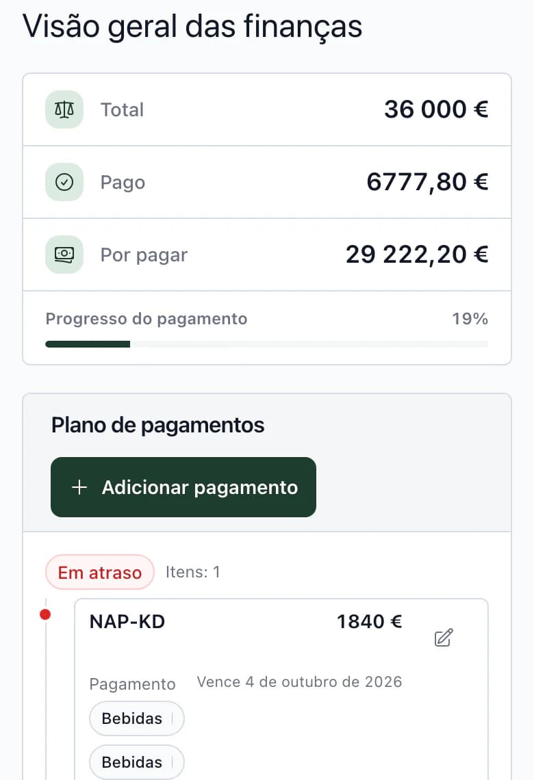 Orçamento no telemóvel: total, pago, por pagar e primeiro pagamento do plano