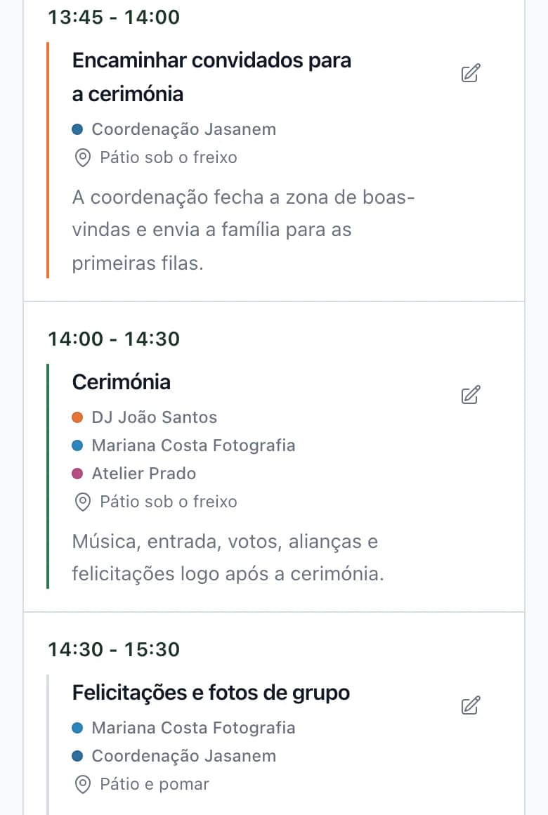 Cronograma do dia no telemóvel: deslocação dos convidados às 13:45, cerimónia às 14:00 e felicitações, com fornecedores em cada momento