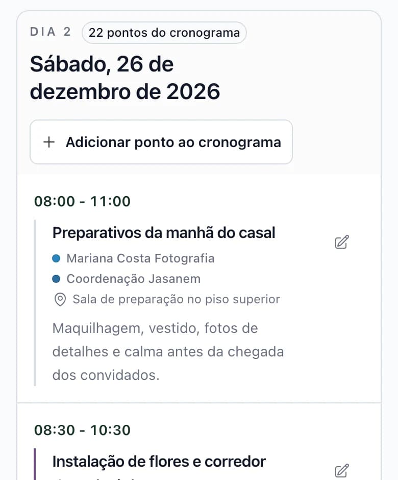 Cronograma do dia do casamento no telemóvel: hora, momento do programa, fornecedores e local