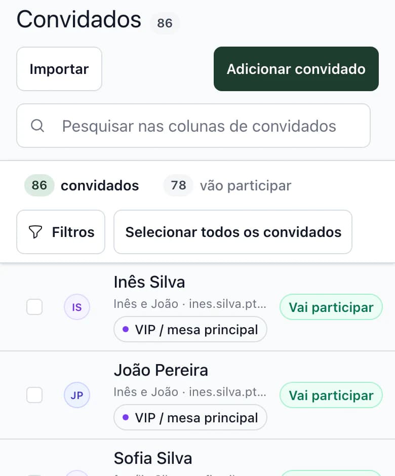 Lista de convidados no telemóvel