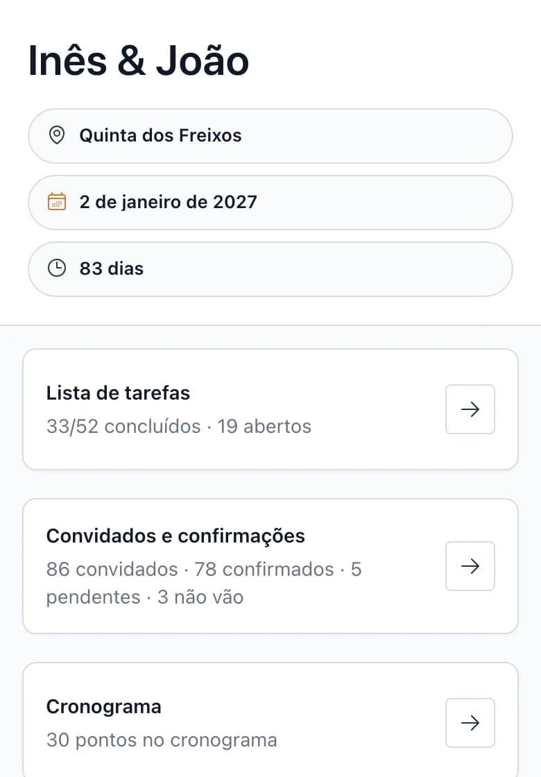 Vista geral do casamento Inês & João no telemóvel: nome e espaço Quinta dos Freixos