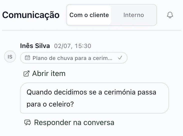 Mensagem da cliente Inês Silva no momento Plano para chuva da cerimónia: quando decidimos se a cerimónia muda para o celeiro