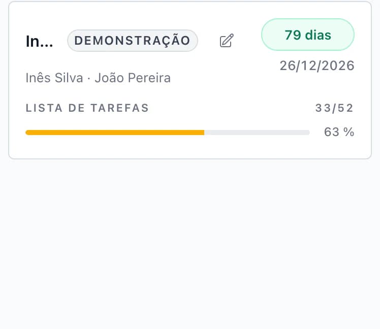 Vista geral de casamentos no telemóvel: Inês & João daqui a 81 dias, 33 de 52 tarefas, e Tereza & Matěj daqui a 102 dias