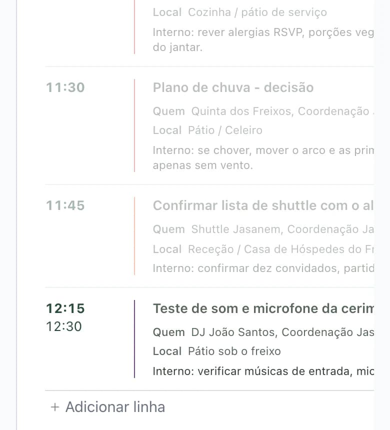 Cronograma do DJ no telemóvel: momentos a cinzento sem DJ e teste de som às 12:15 com DJ João Santos