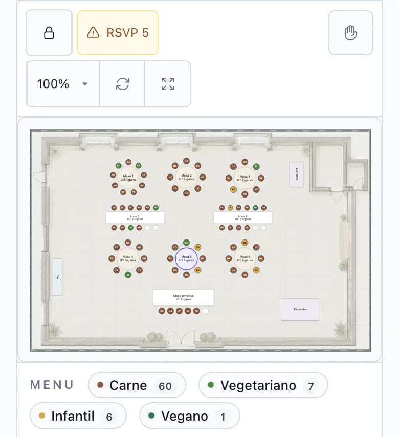 Plano de mesas no telemóvel: planta do celeiro com todas as mesas, mesa 5 selecionada e quantidades por menu sob a planta