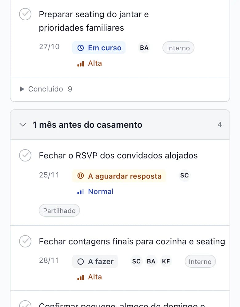 Tarefas no telemóvel: prazo, estado, prioridade e pessoas de cada tarefa na fase 3 meses até ao casamento