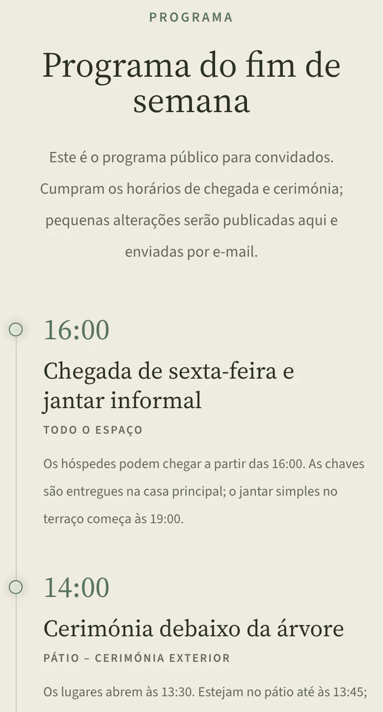 Programa no site de casamento no telemóvel: chegada na sexta-feira às 16:00 e cerimónia sob o freixo às 14:00