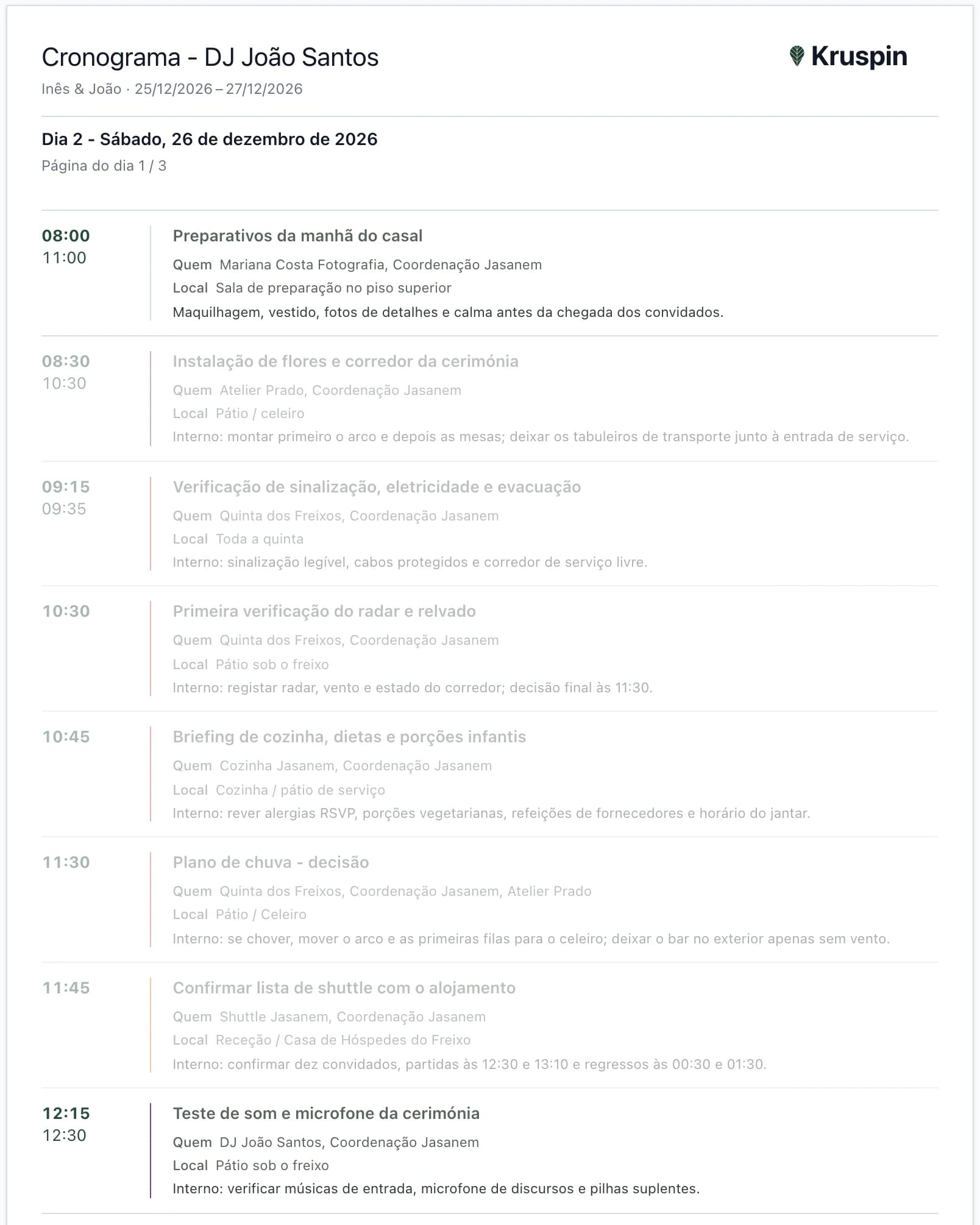 Cronograma para impressão de DJ João Santos, sábado: momentos sem DJ a cinzento na pré-visualização e fora do PDF; teste de som às 12:15 incluído