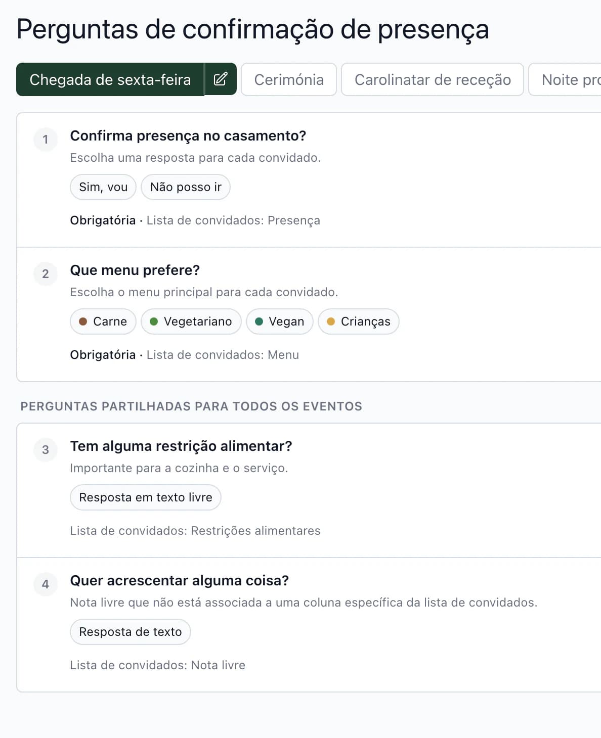Definições das perguntas RSVP: presença e escolha de menu ligadas à lista de convidados