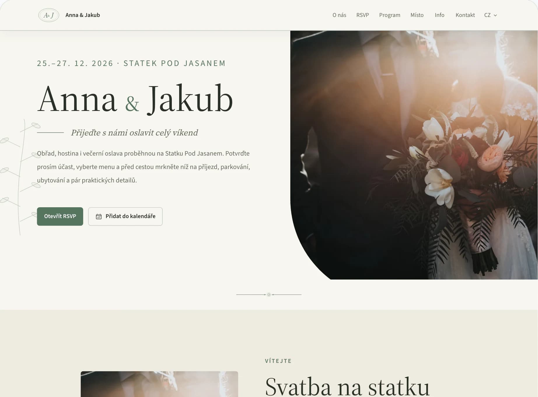 Editor webu pro hosty s náhledem úvodní stránky svatby Anna & Jakub