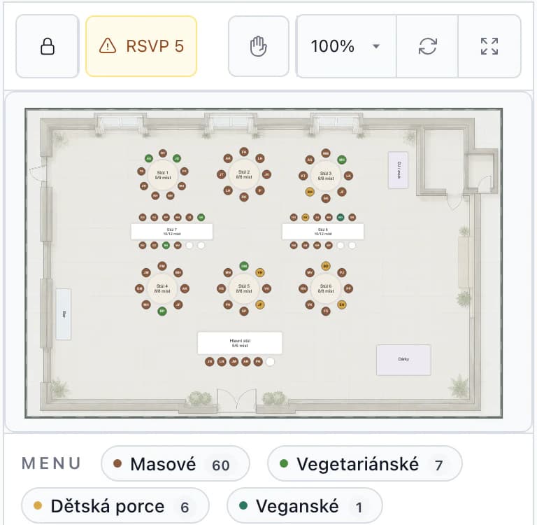 Zasedací pořádek na telefonu: plánek stodoly a souhrn menu