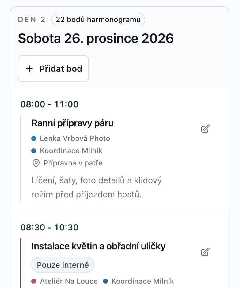 Harmonogram dne svatby na telefonu: čas, bod programu, dodavatelé a místo
