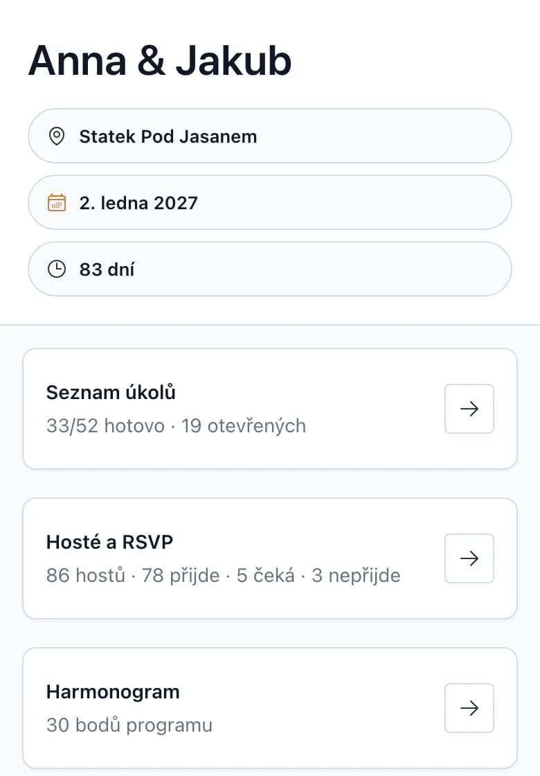 Přehled svatby Anna & Jakub na telefonu: název svatby a místo Statek Pod Jasanem