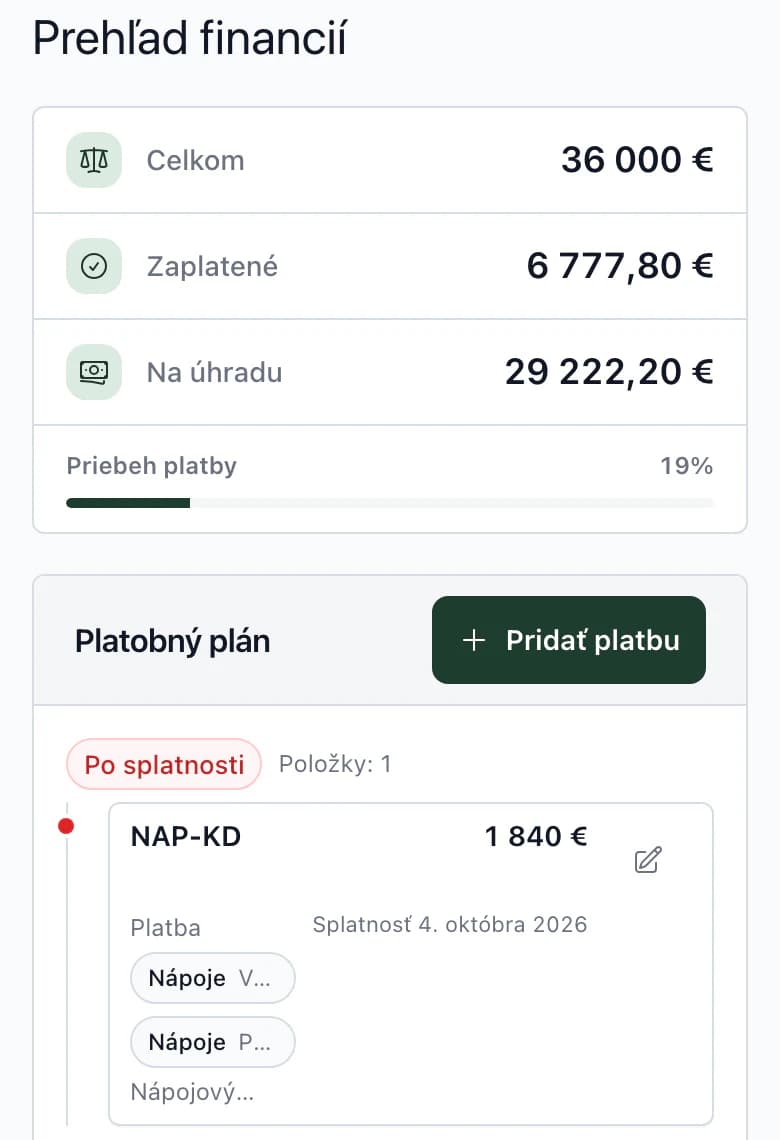Rozpočet na telefóne: celkom, uhradené, zostáva a prvá platba platobného plánu