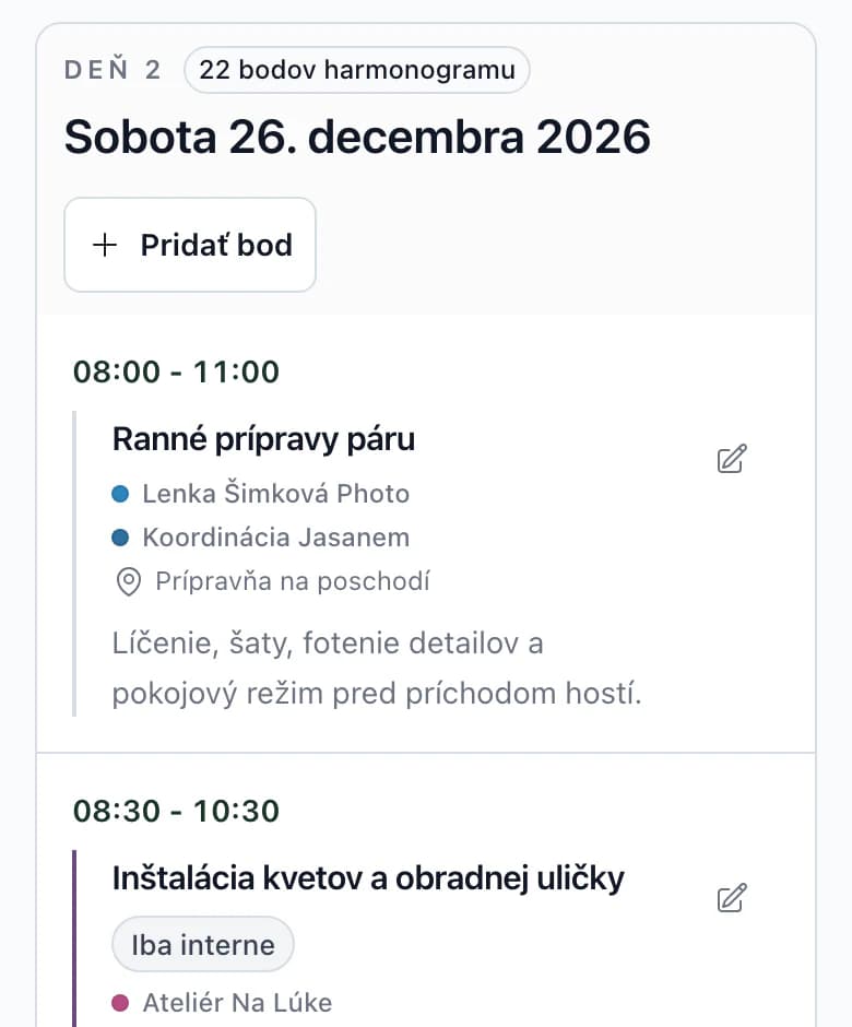 Harmonogram dňa svadby na telefóne: čas, bod programu, dodávatelia a miesto