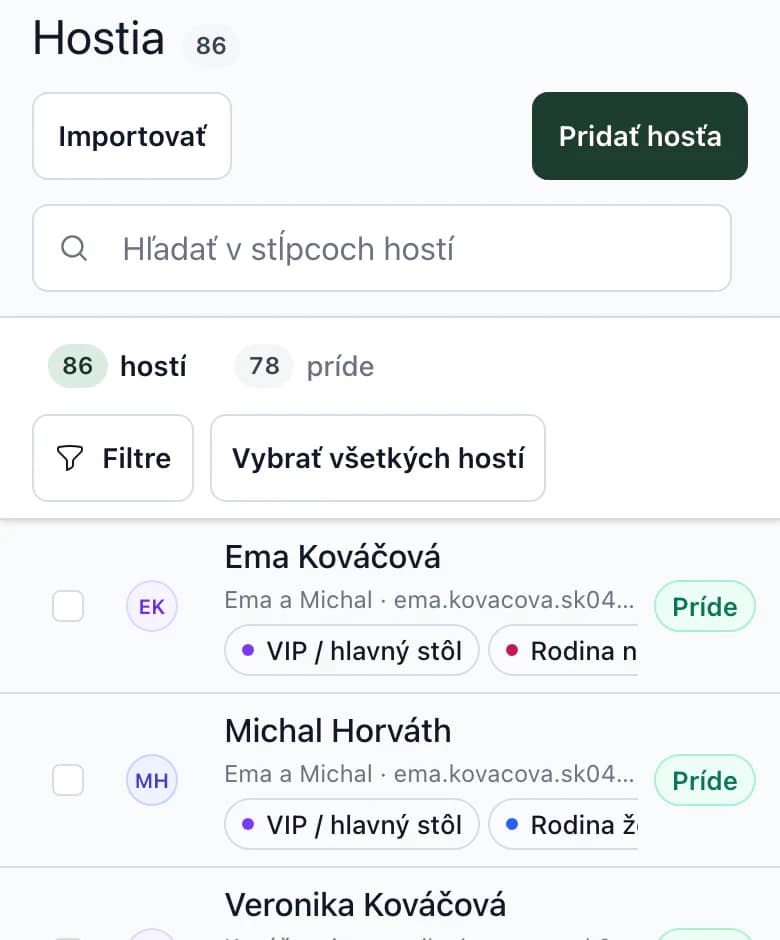 Zoznam hostí na telefóne