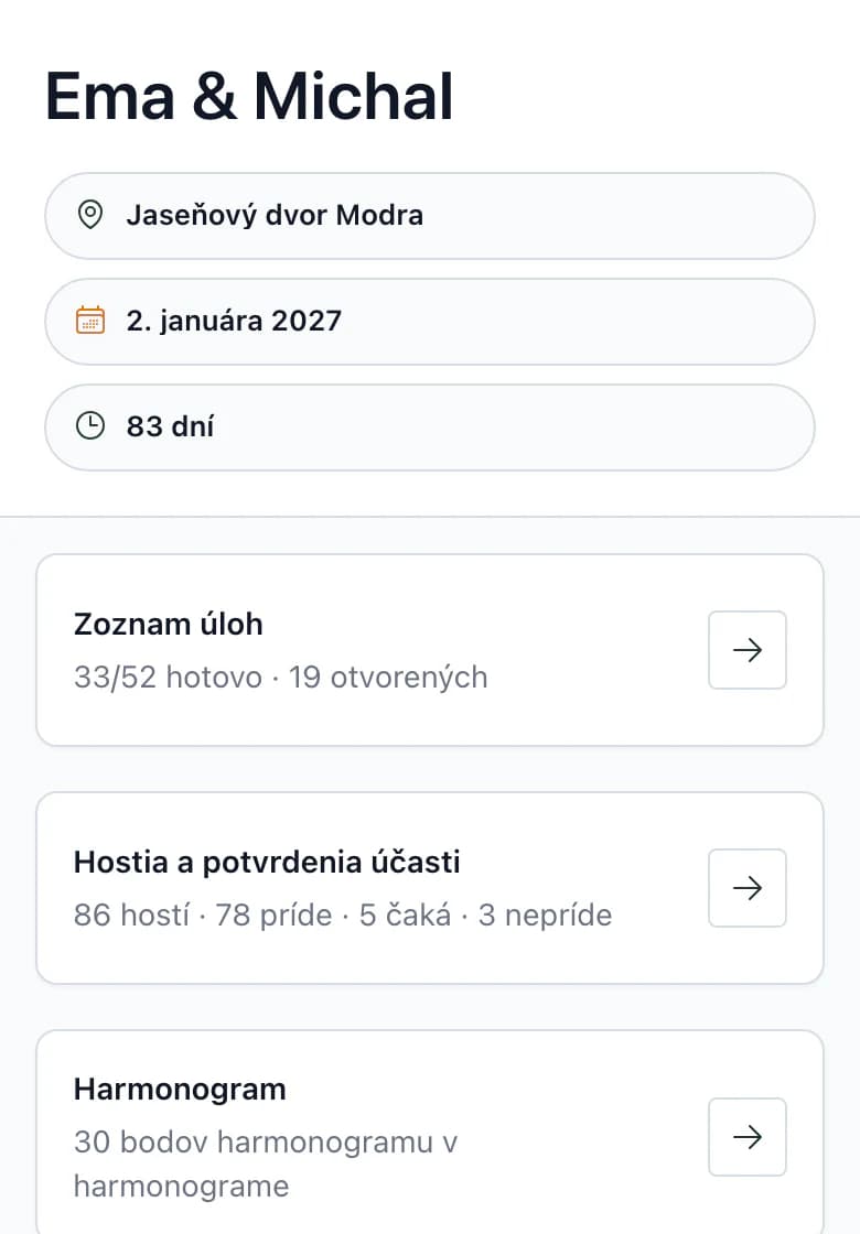 Prehľad svadby Ema & Michal na telefóne: názov svadby a miesto Jaseňový dvor Modra