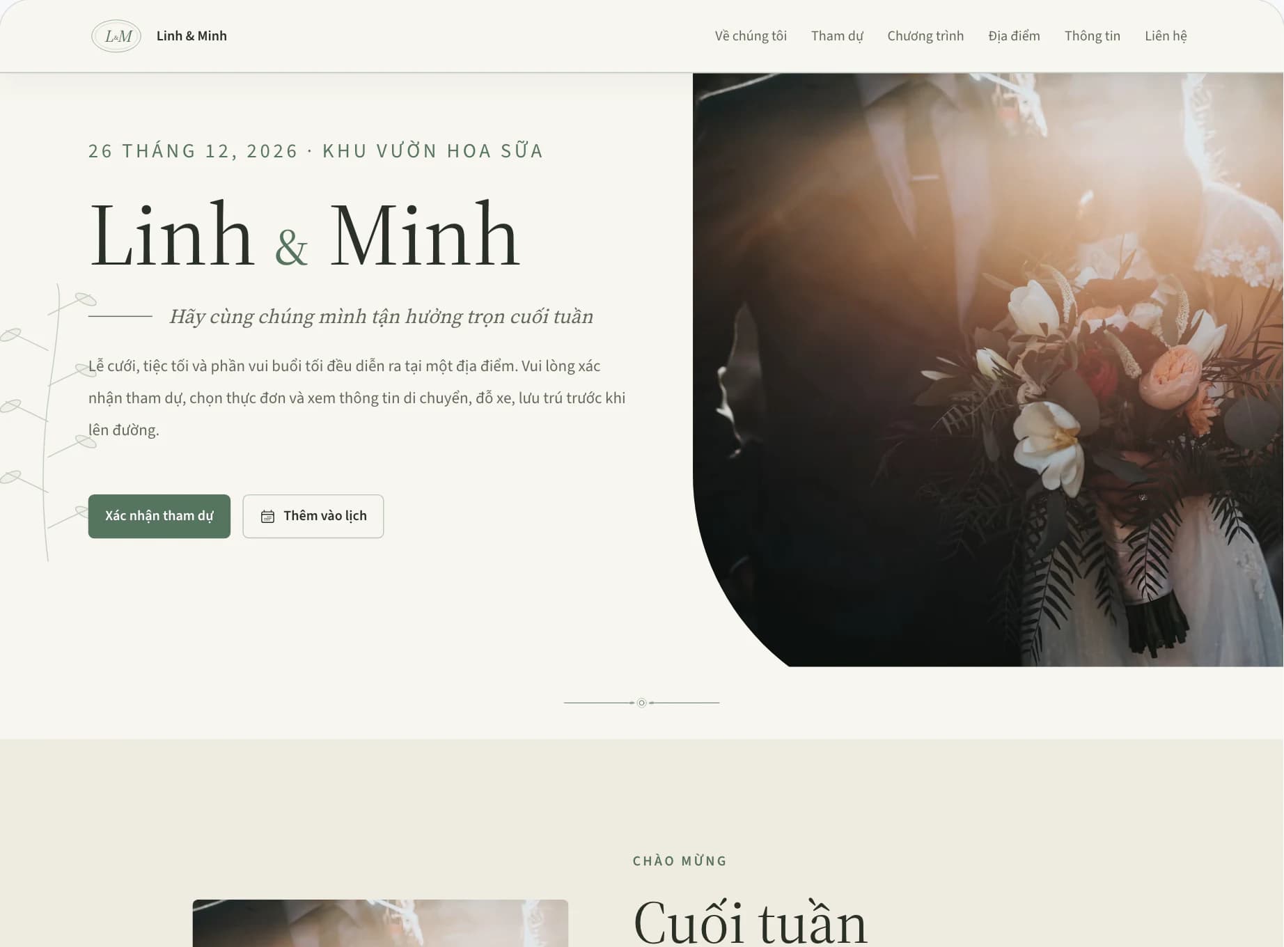 Trình chỉnh sửa website cho khách với bản xem trước trang đầu đám cưới Linh & Minh