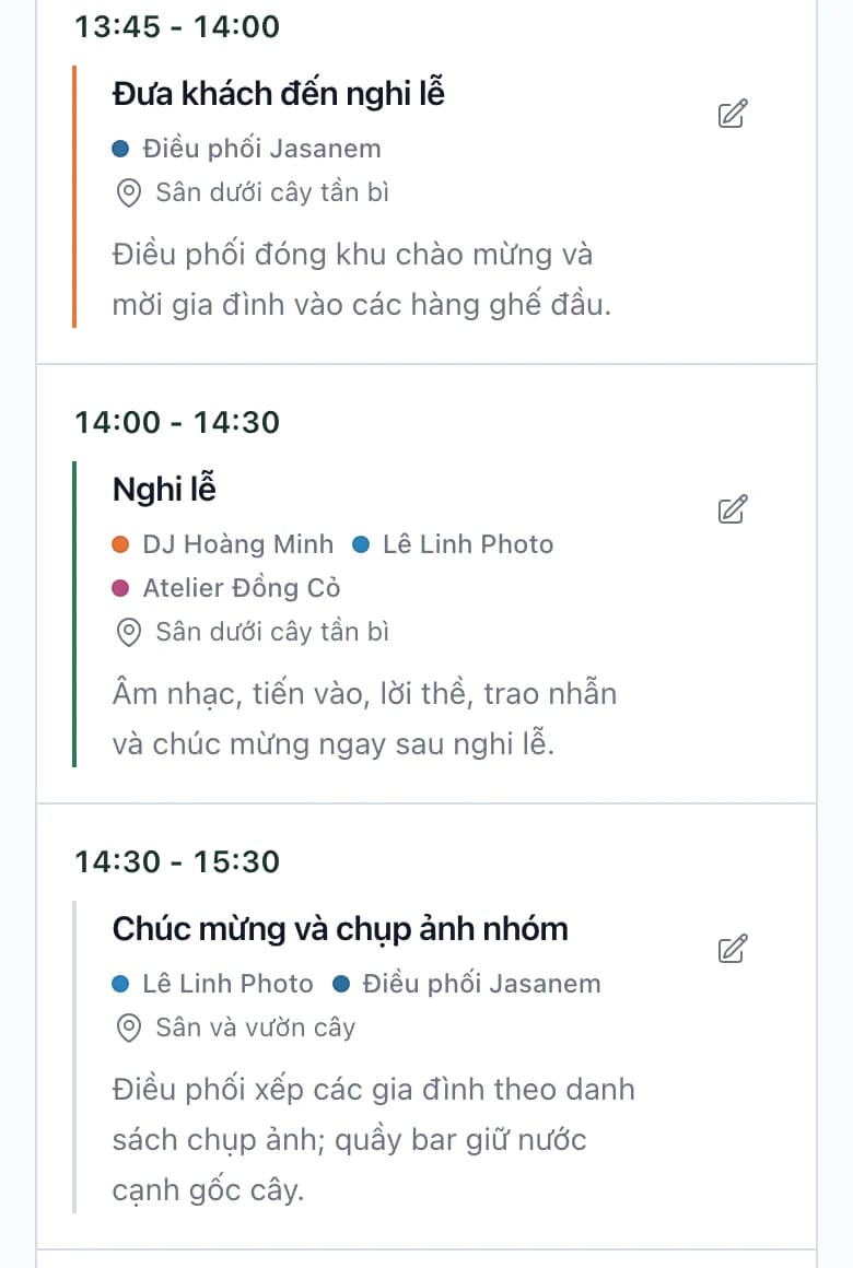 Lịch trình ngày cưới trên điện thoại: khách di chuyển 13:45, lễ 14:00, chúc mừng và nhà cung cấp tại từng mục