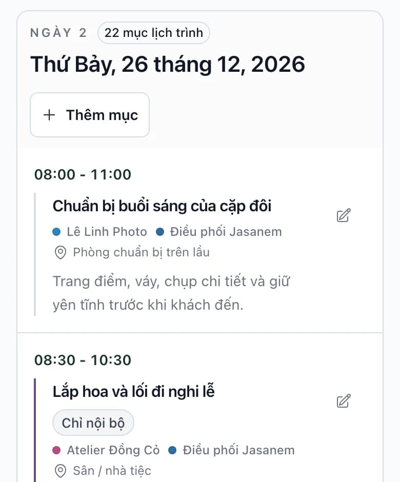 Lịch trình ngày cưới trên điện thoại: giờ, mục chương trình, nhà cung cấp và địa điểm