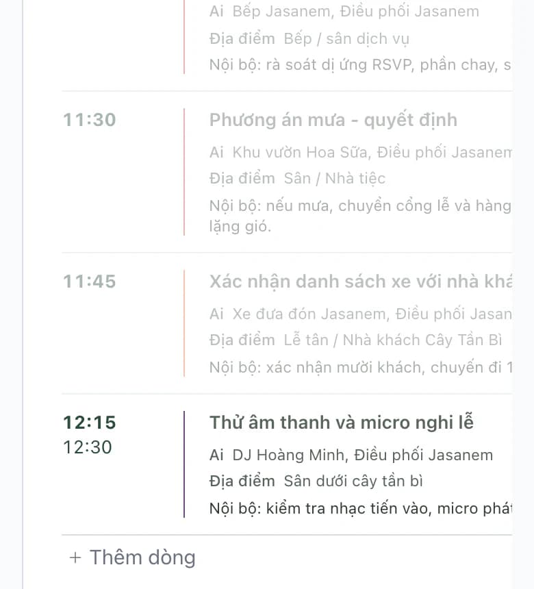 Lịch trình của DJ trên điện thoại: các mục xám không có DJ và thử âm thanh lúc 12:15 với DJ Hoàng Minh