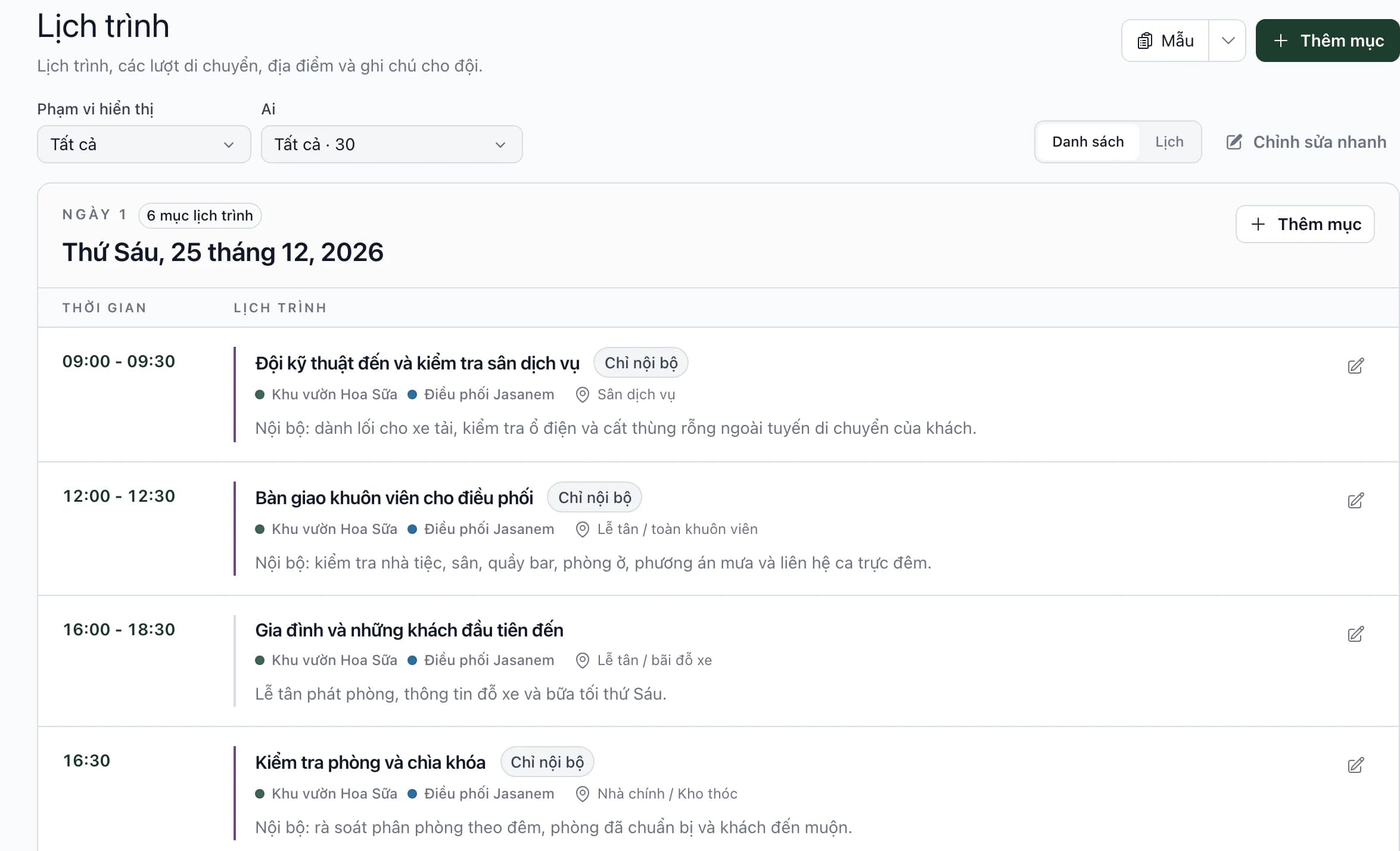 Lịch trình trong ngày với giờ, nhà cung cấp, địa điểm và ghi chú nội bộ